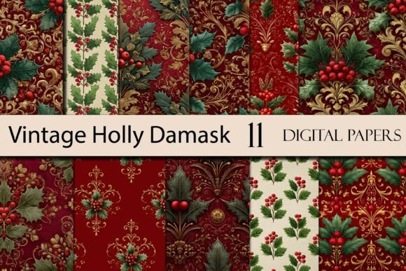 Download Vintage Holly Damask Digital Paper - Digital paper Collection